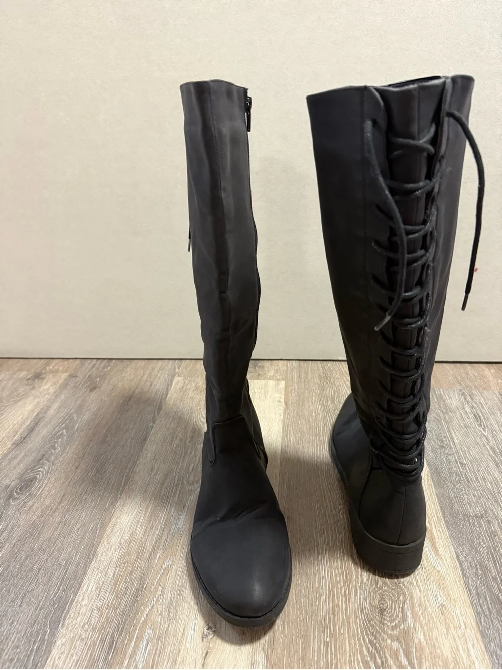 Black Faux Lace-Up Knee-High Boots